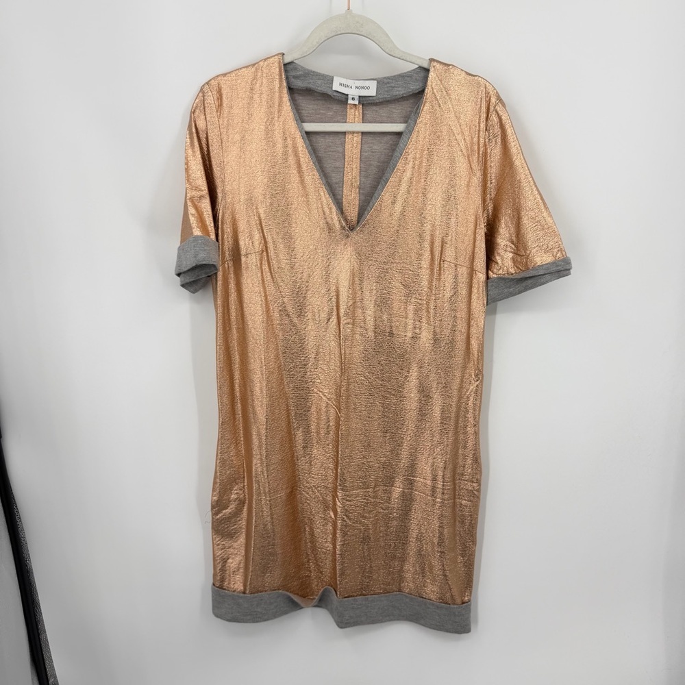 Misha Nonoo copper or rose‎ gold metallic shift mini dress sz 6